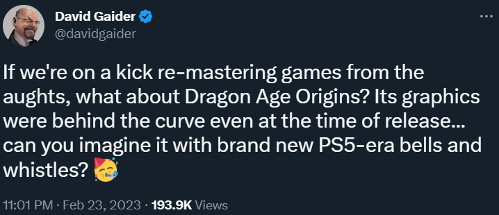 David Gaider proposes Dragon Age: Origins should be remastered via Twitter