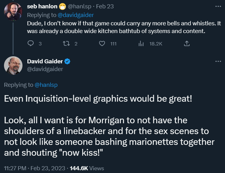 Hanlsp and David Gaider discuss Dragon Age: Origins' graphics via Twitter