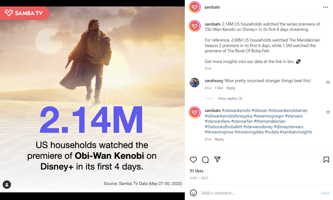 Obi-Wan Kenobi estreia audiência via Samba TV Instagram