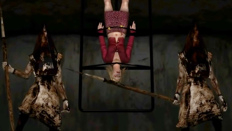 Maria is moments away from meeting her fate at the heads of Pyramid Head in Silent Hill 2 (2001), Konami