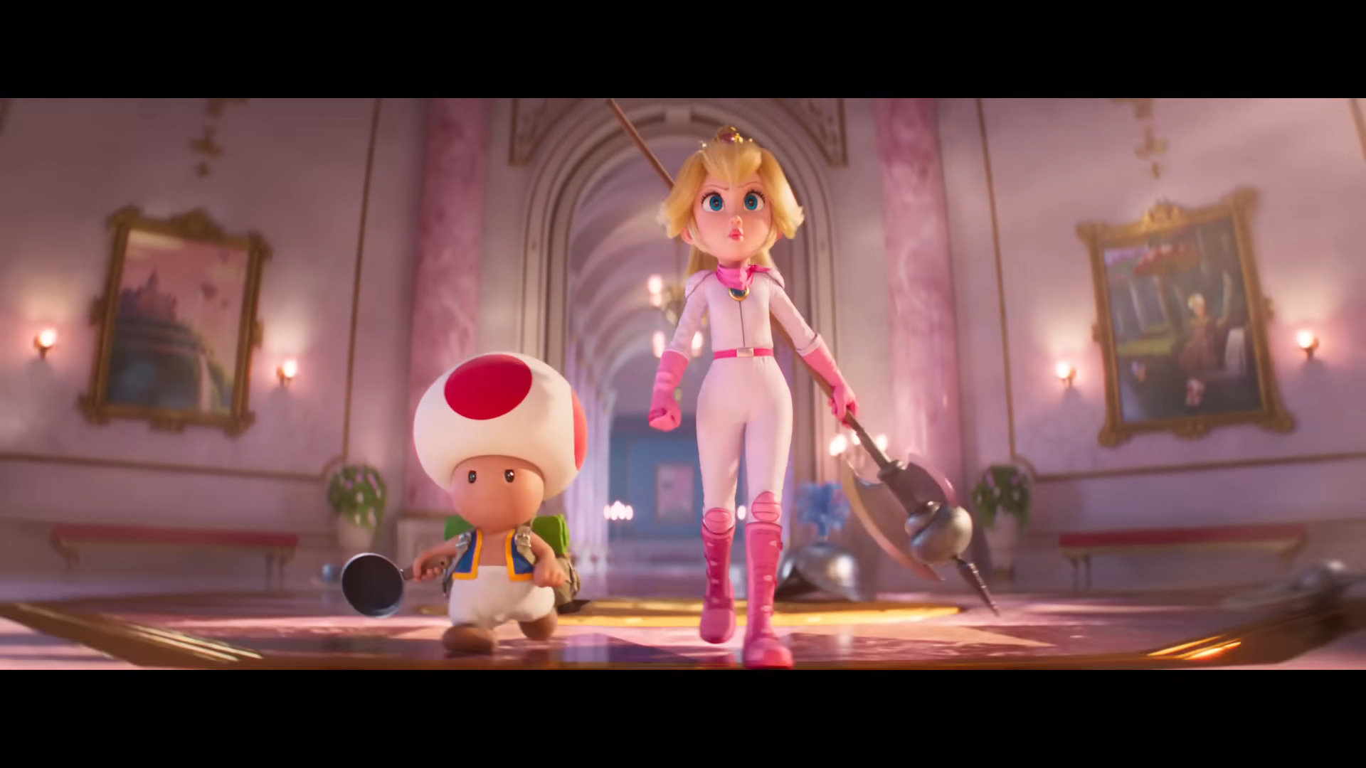 Toad (Keegan Michael-Key) and Princess Peach (Anya-Taylor Joy) suit up for battle in The Super Mario Bros. Movie (2023), Illumination Entertainment