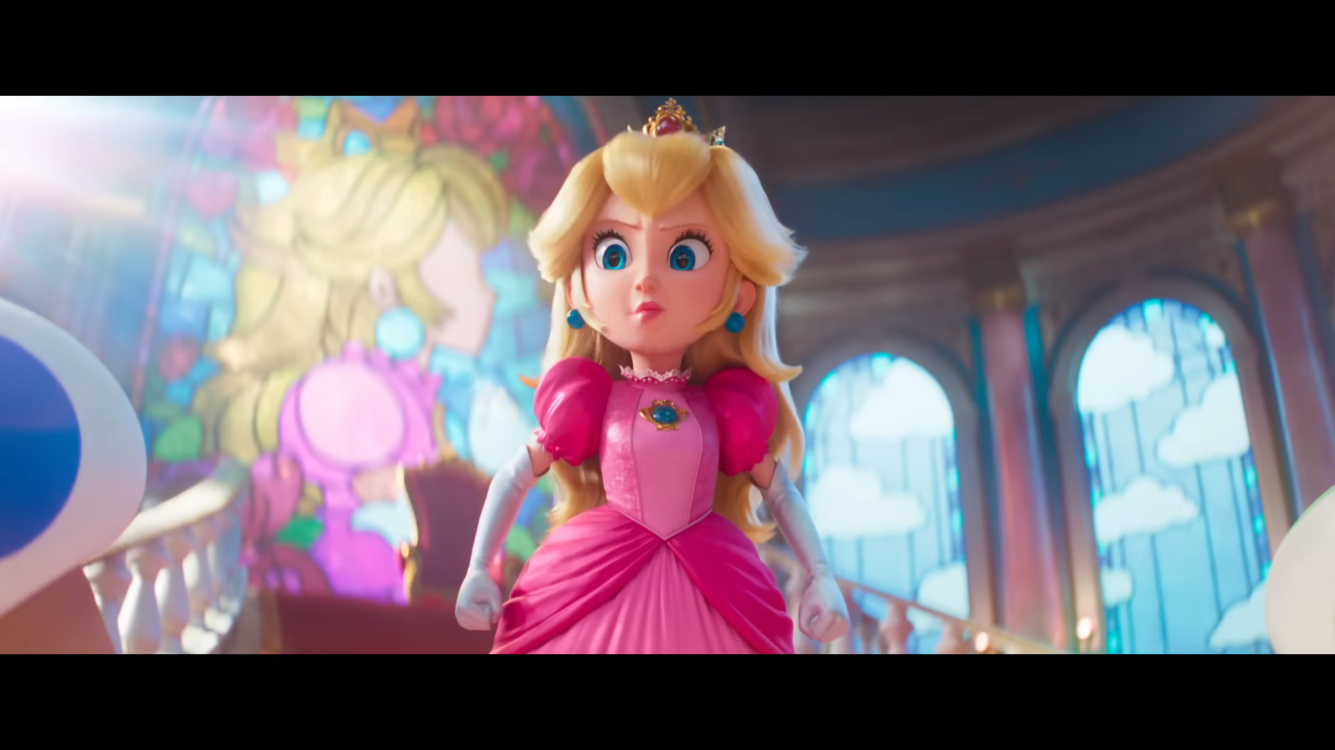 Princess Peach (Anya-Taylor Joy) rallies the subjects of the Mushroom Kingdom in The Super Mario Bros. Movie (2023), Illumination Entertainment