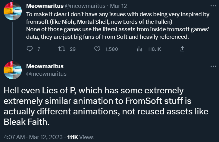 Meowmartius condemns Bleak Faith: Forsaken allegedly using the same animations from Elden Ring and Dark Souls III via Twitter