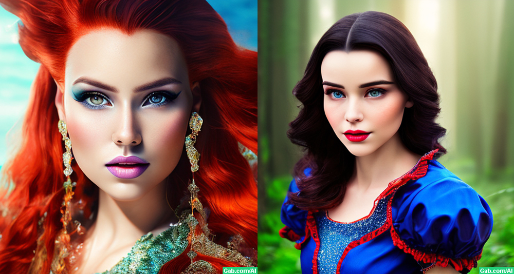 Side-by-side view of Gabby AI-art-generated images of Ariel (The Little Mermaid) and Snow White.