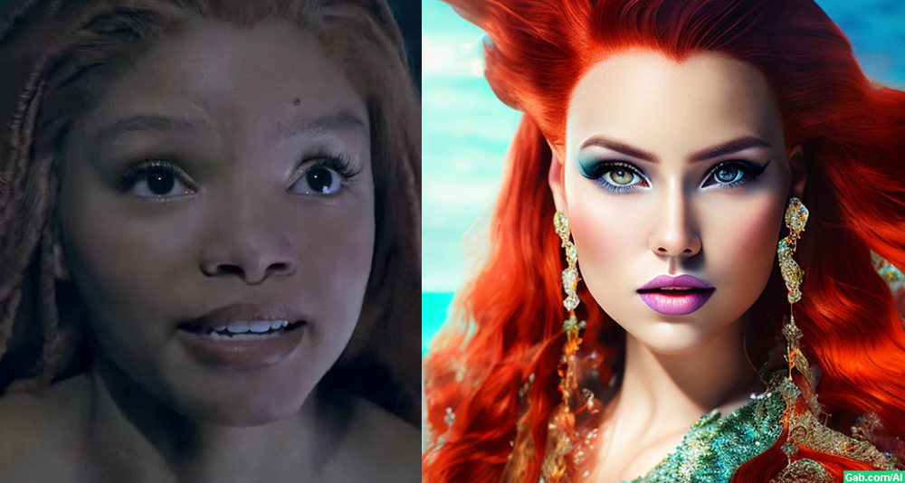 Side-by-side comparison of actress Halle Bailey as Ariel (The Little Mermaid) and a Gabby AI-art-generated image of Ariel.