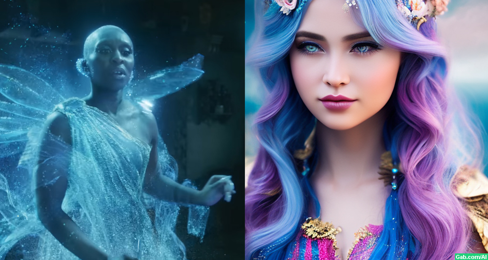 Side-by-side comparison of actress Cynthia Erivo as the Blue Fairy in Pinocchio and a Gabby AI-art-generated image of the Blue Fairy.