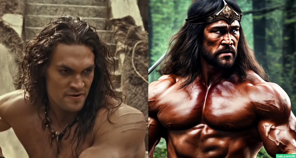 Side-by-side comparison of actor Jason Momoa as Conan the Barbarian and a Gabby AI-art-generated image of Conan.