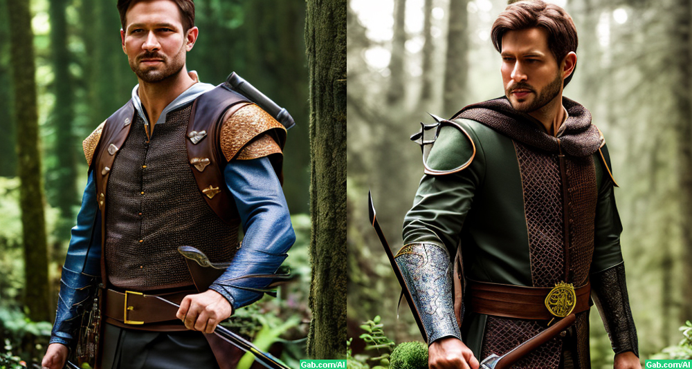 Side-by-side images of Robin Hood generated by Gabby, Gab's AI art generator.