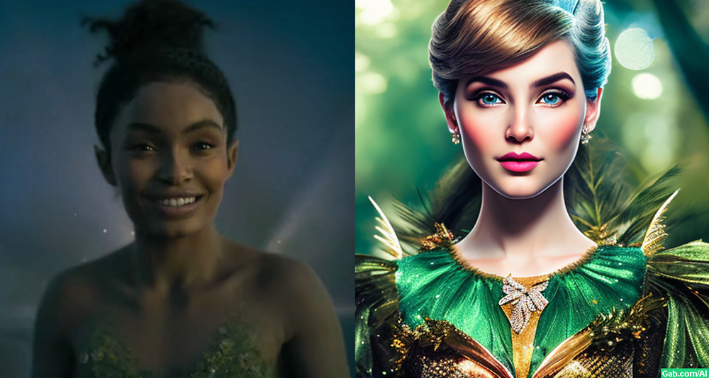 Side-by-side comparison of actress Yara Shahidi as Tinker Bell and a Gabby AI-art-generated image of Tinker Bell.