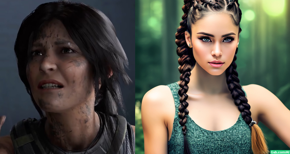 Alt Text: Side-by-side comparison of a screenshot of Lara Croft in 'Shadow of the Tomb Raider' and a Gabby AI-art-generated image of Lara Croft.