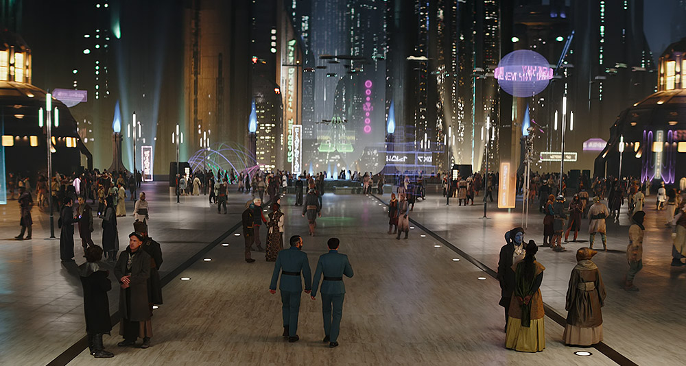 Dr. Pershing and Elia Kane see the sights on Coruscant in 'The Mandalorian' (2023), Disney+