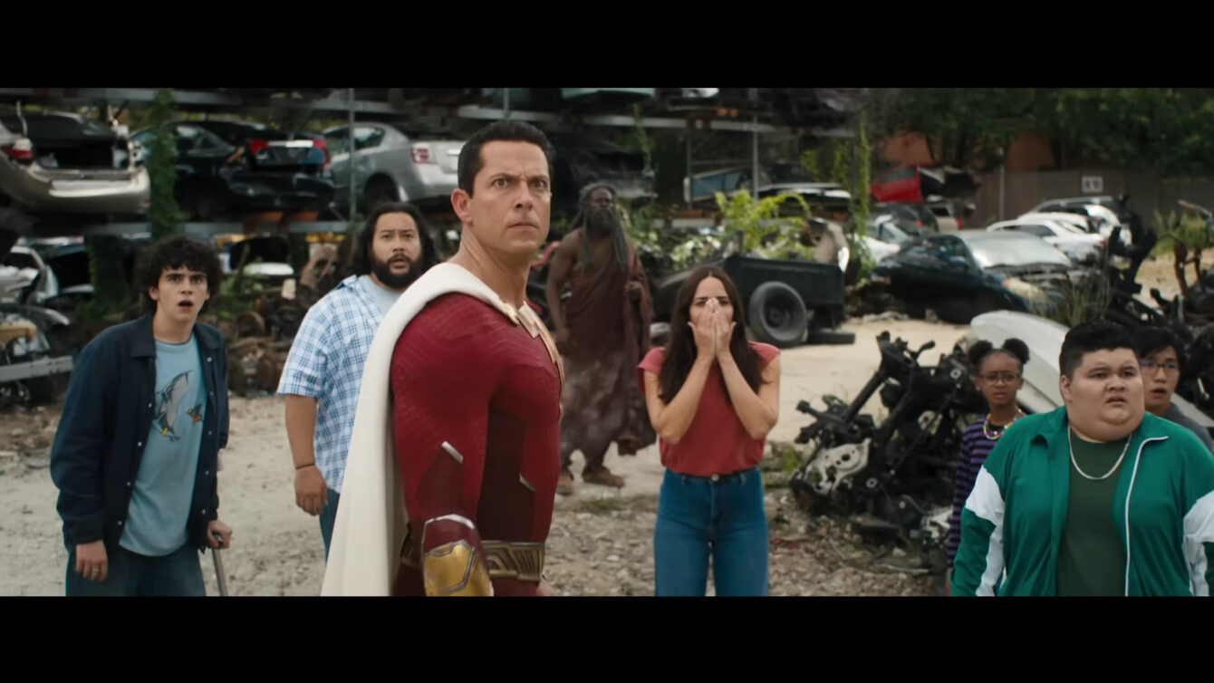 Billy Batson (Zachary Levi) stands with the full Marvel family in Shazam! Fury of the Gods (2023), DC Studios