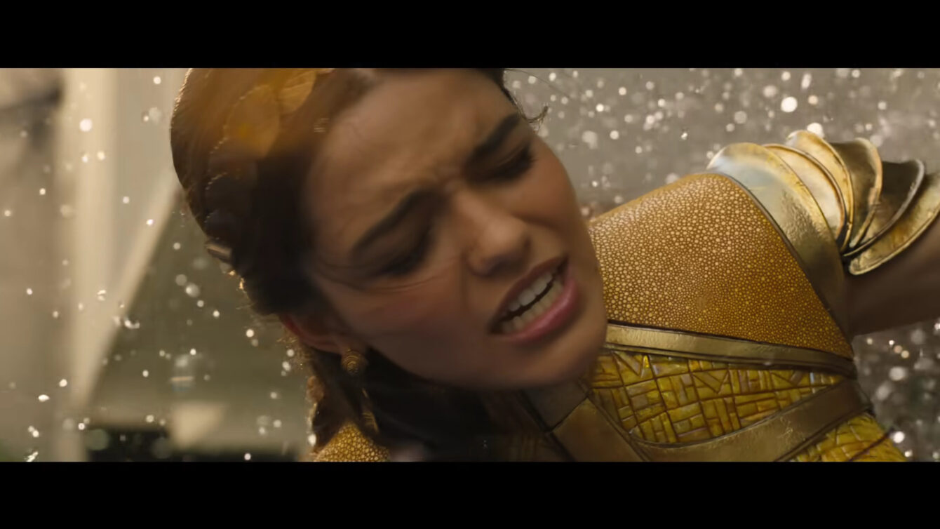 Anthea (Rachel Zegler) takes the full brunt of the gods' magical lightning in Shazam! Fury of the Gods (2023), DC Studios