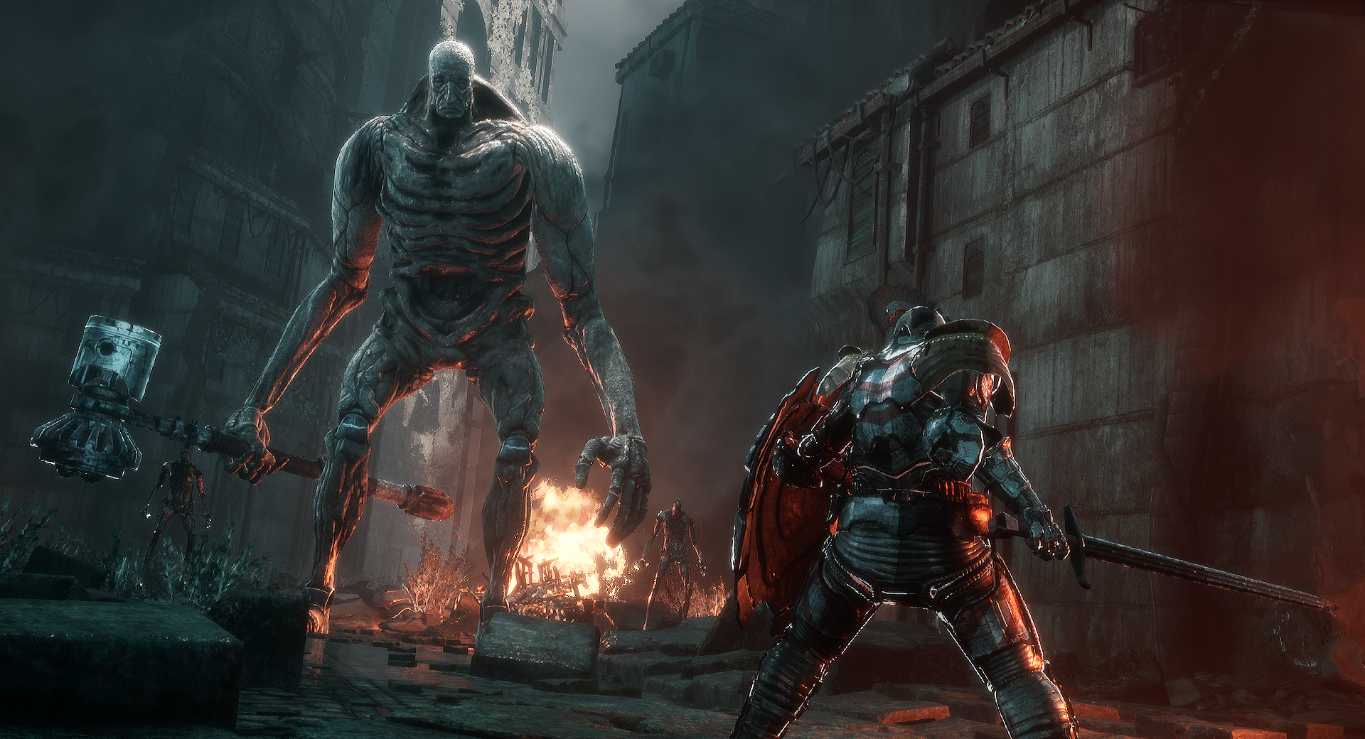 The player stands before a giant wielding a large hammer via Bleak Faith: Forsaken (2023), Archangel Studios