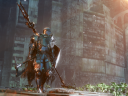 A knight walks through the ruins of a modern city within the Omnistructure, as light shines down on them via Bleak Faith: Forsaken (2023), Archangel Studios