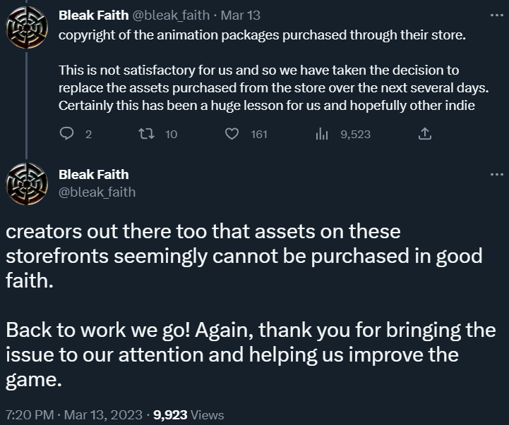 Archangel Studios state they will be replacing their animations for Bleak Faith: Forsaken, and condemn the Epic Marketplace via Twitter
