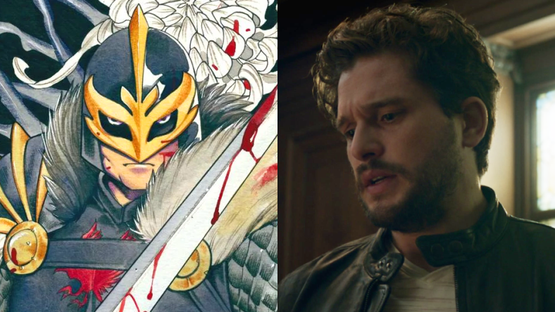 Dane Whitman as depicted on Peach Momoko's variant cover to Black Knight: Curse of the Ebony Blade Vol. 1 #1 (2021), Marvel Comics / Dane Whitman (Kit Harrington) confronts his family's history in Eternals (2021), Marvel Entertainment