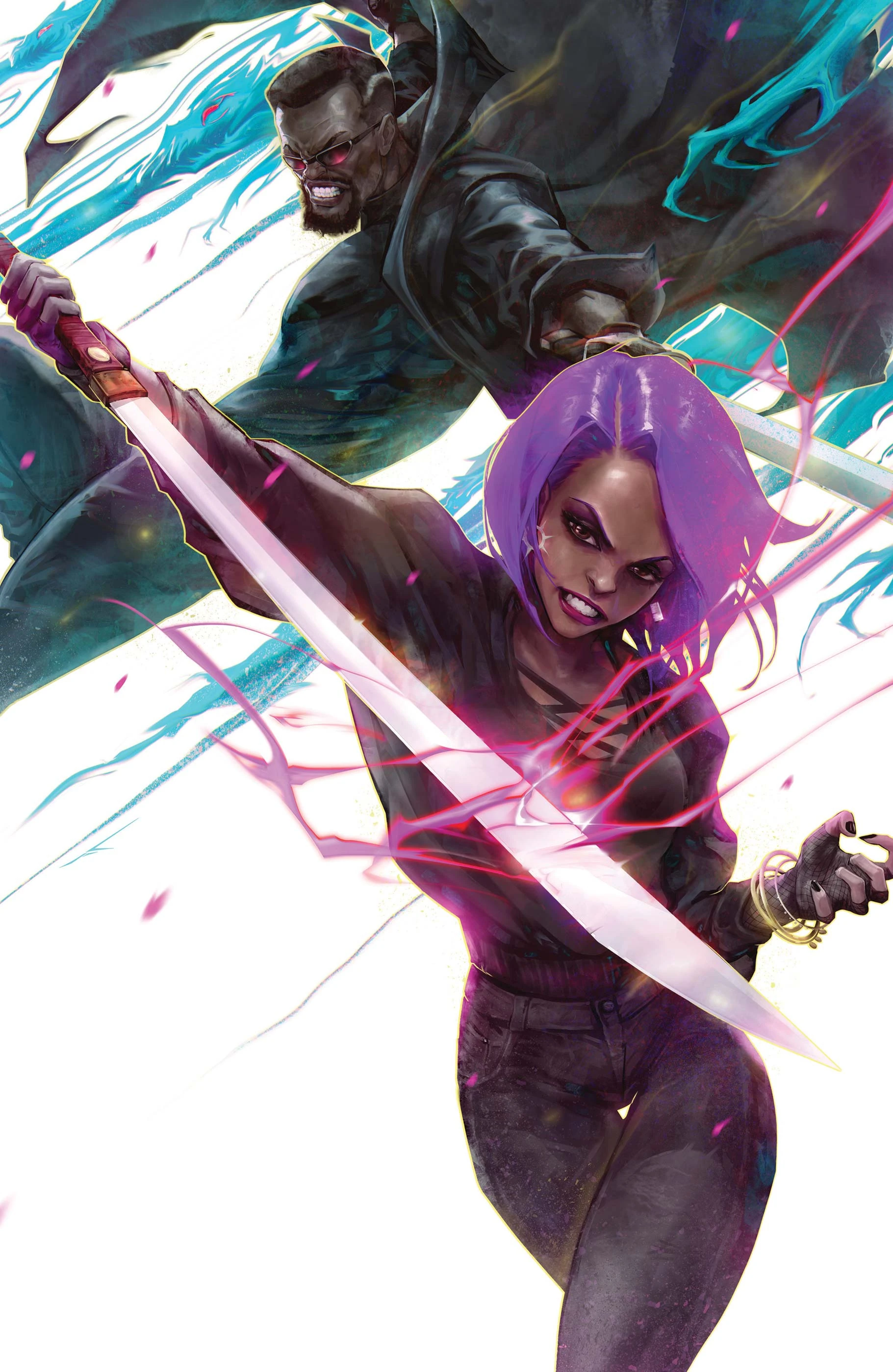 Blade and his daughter, Brielle, as depicted on Ivan Tao's variant cover to Bloodline: Daughter of Blade Vol. 1 #2 (2023), Marvel Entertainment