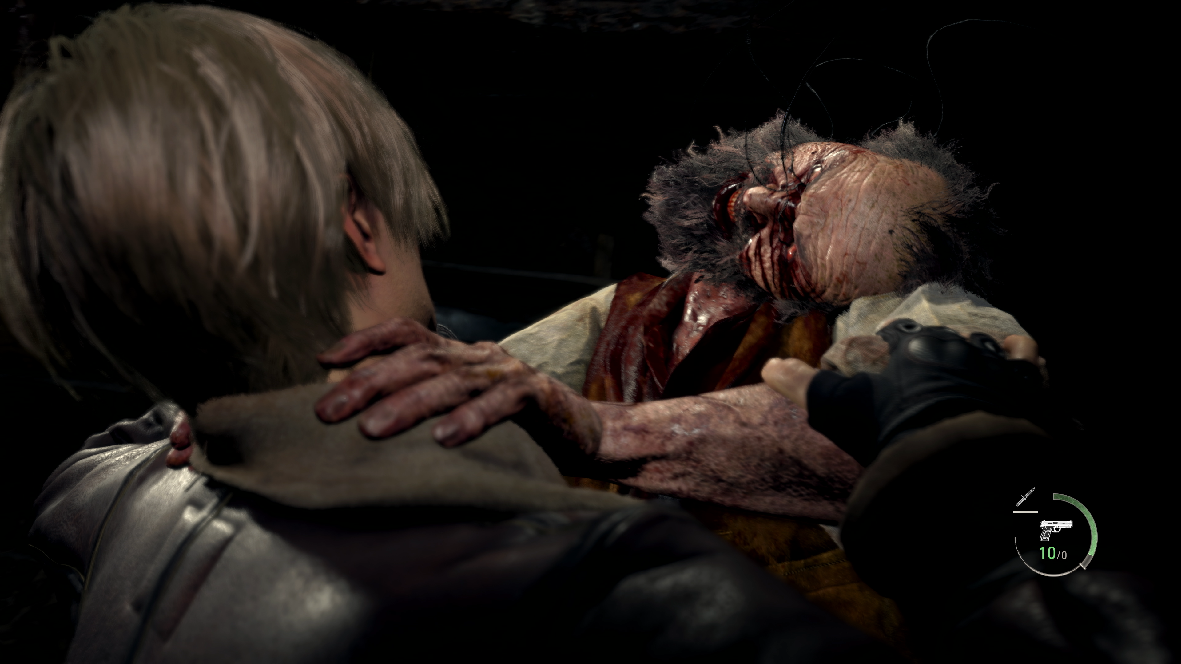 Leon Kennedy (Nick Apostolides) is grabbed by a Ganados, despite it's neck being broken via Resident Evil 4 (2023), Capcom