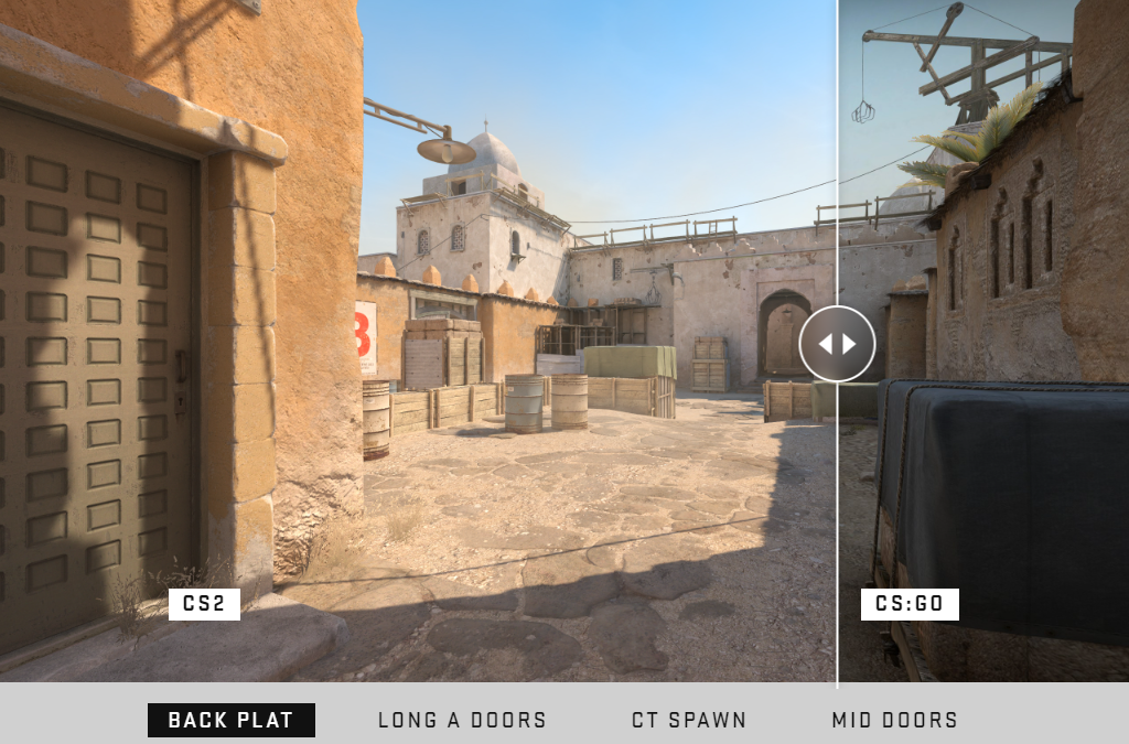 The graphics comparison for Dust II shows the layout and other details remain unchanged via Counter-Strike 2 official website