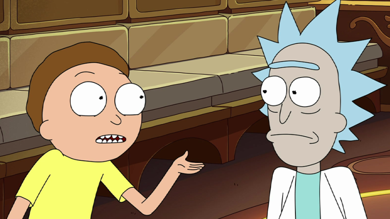 Rick and Morty (Justin Roiland) find themselves aboard the Story Train in Rick and Morty Season 4 Episode 6 "Never Ricking Morty" (2020), Adult Swim