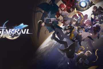 The logo for Honkai: Star Rail, with numerous characters floating above a planet via HoYoverse