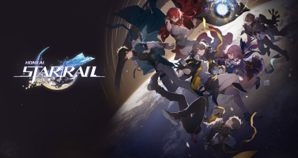 The logo for Honkai: Star Rail, with numerous characters floating above a planet via HoYoverse