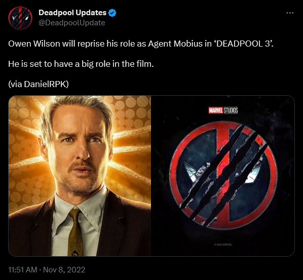 The Deadpool Updates Twitter account relays information from Daniel RPK regarding Deadpool 3 and Agent Mobius