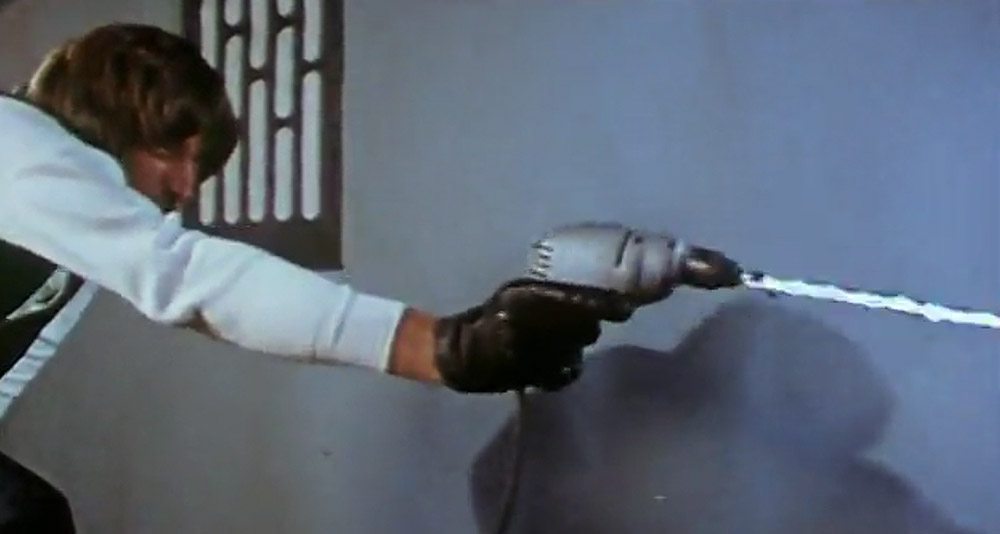 Ham Salad fires his power drill gun in in 'Hardware Wars' (1978), Pyramid Films