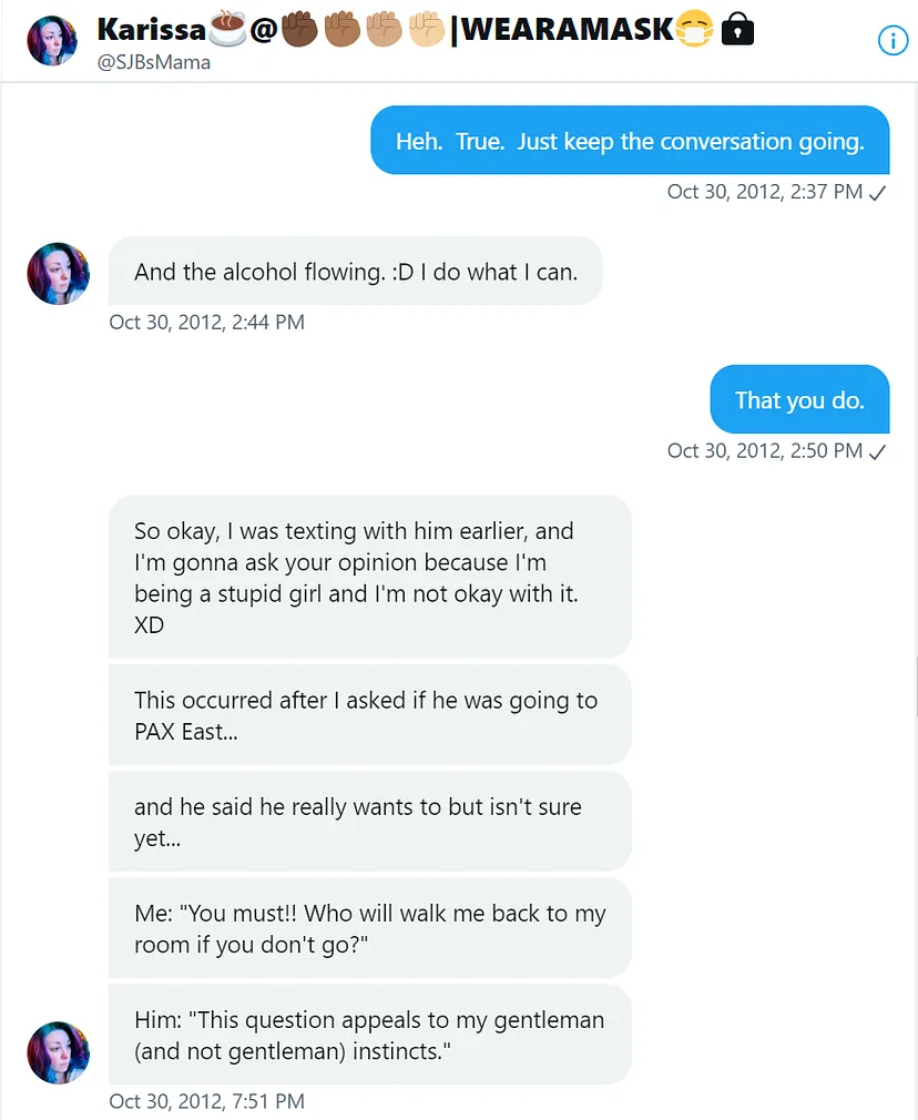 Twitter messages between Jeff Johnson and Karissa Barrows, showing the latter is eager to see Chris Avellone again via Beyond Politics, Beliefs, or Life Choices — This is About Right and Wrong, Jeff Johnson Medium