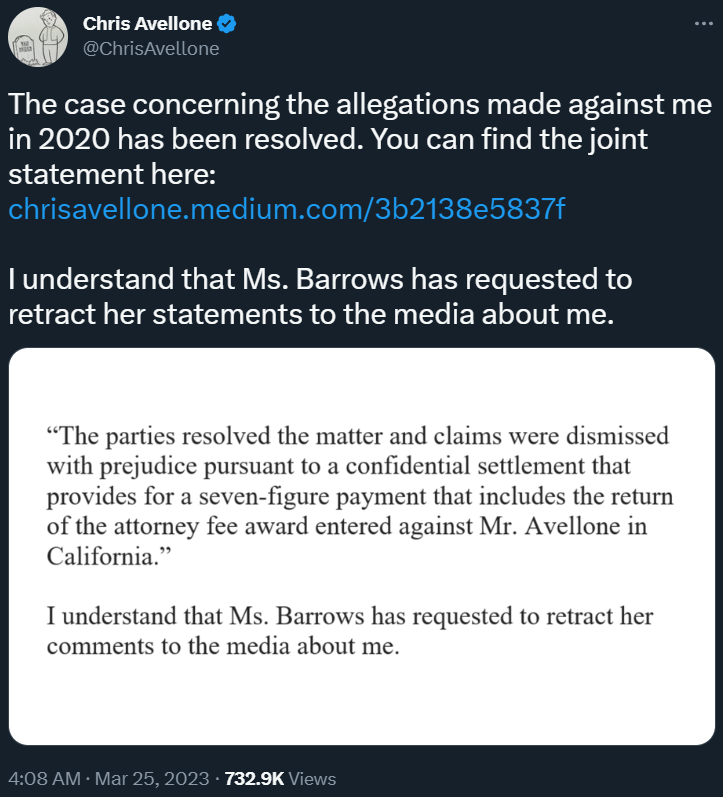 Chris Avellone reveals his defamation case has concluded, and Karissa Barrows has requested to retract her allegations via Twitter
