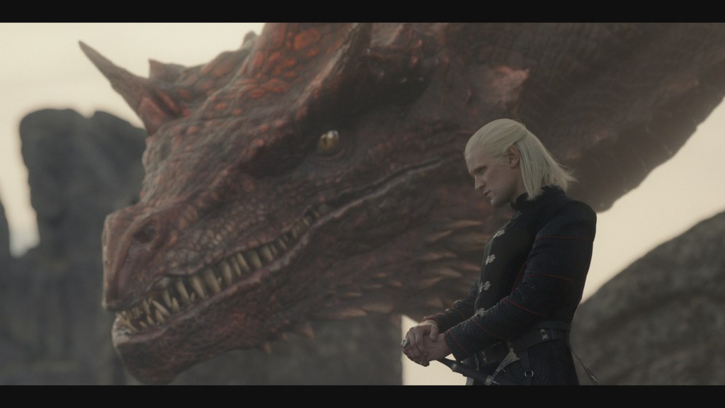 Prince Daemon Targaryen (Matt Smith) takes to the skies aboard Caraxes in House of the Dragon Season 1 Episode 1 "The Heirs of the Dragon" (2022), HBO