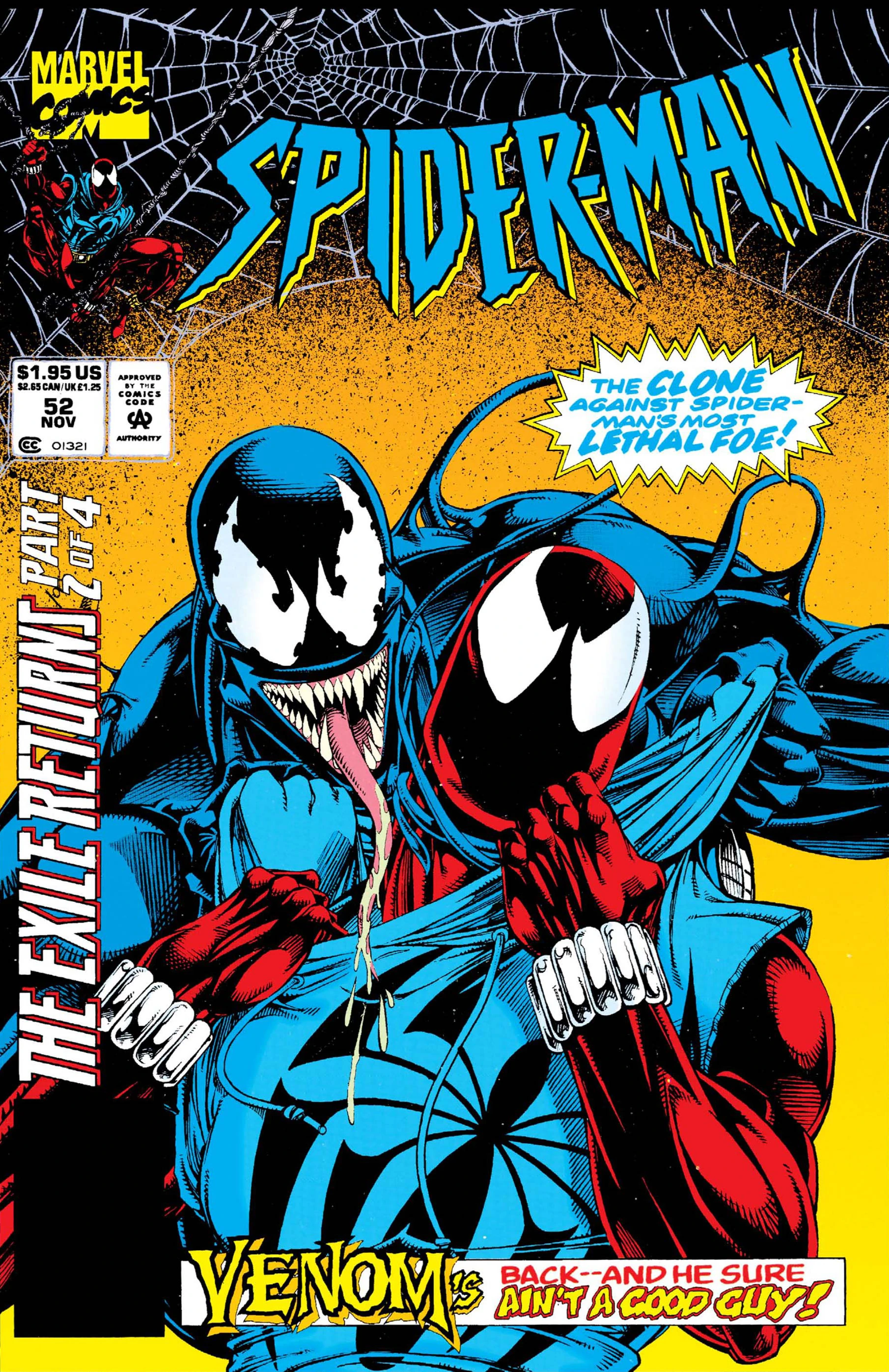 Ben Reilly debuts as the Scarlet Spider only to run into Venom on Tom Lyle's cover to Spider-Man Vol. 1 #52 "Deadline" (1998), Marvel Comics
