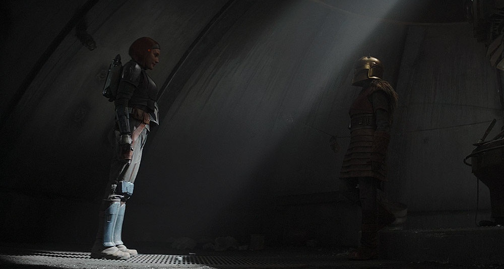 Bo-Katan speaks to the Armorer without her helmet on in 'The Mandalorian' (2023), Disney+ 