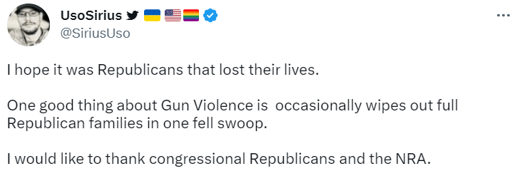 Archive link UsoSirius' vile comments, hoping those who lost their lives in the The Covenant School shooting were Republicans via Twitter