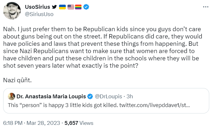 Archive link UsoSirius insists "Nazi Republicans" force women to have children, and don't care about "guns being out on the street" via Twitter