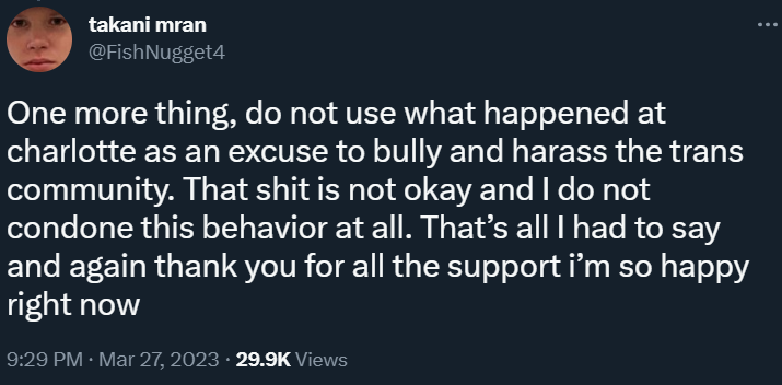 Makani Tran condemns any harassment against transgender people after his disqualification at the Pokémon Charlotte Regional TCG Championships via Twitter