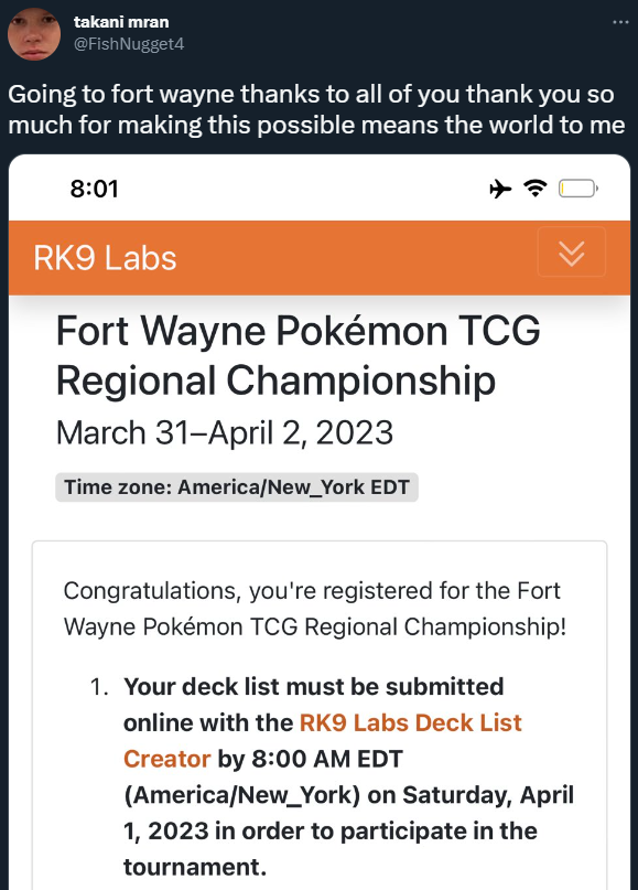 Makani Tran reveals he is attenting the Fort Wayne Pokémon TCG Regional Championship via Twitter