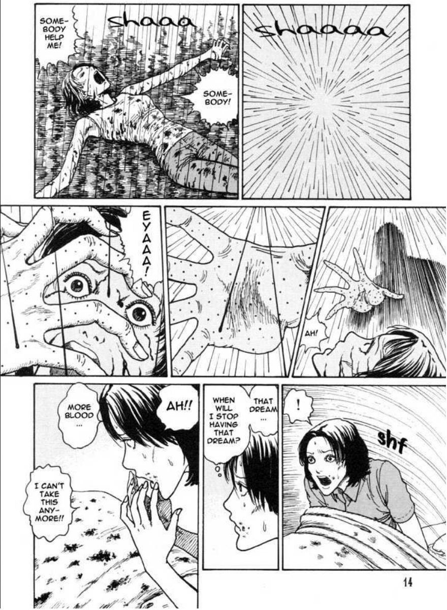 Nami experiences a blood-rain soaked, vampire-filled nightmare in Voices in the Dark Volume 1 Chapter 1 "Blood Slurping Darkness" (2002), Nemuki. Words and Art by Junji Ito