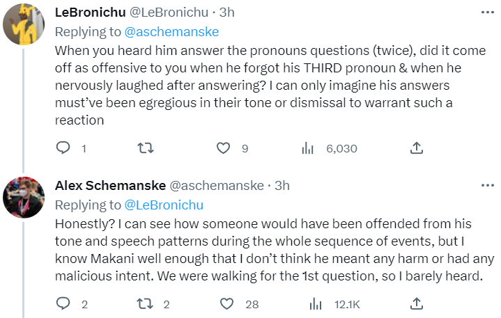 Archive link Alex Schemanske proposes Makani Tran's "tone and speech patterns" could have been misconstrued as offensive via Twitter