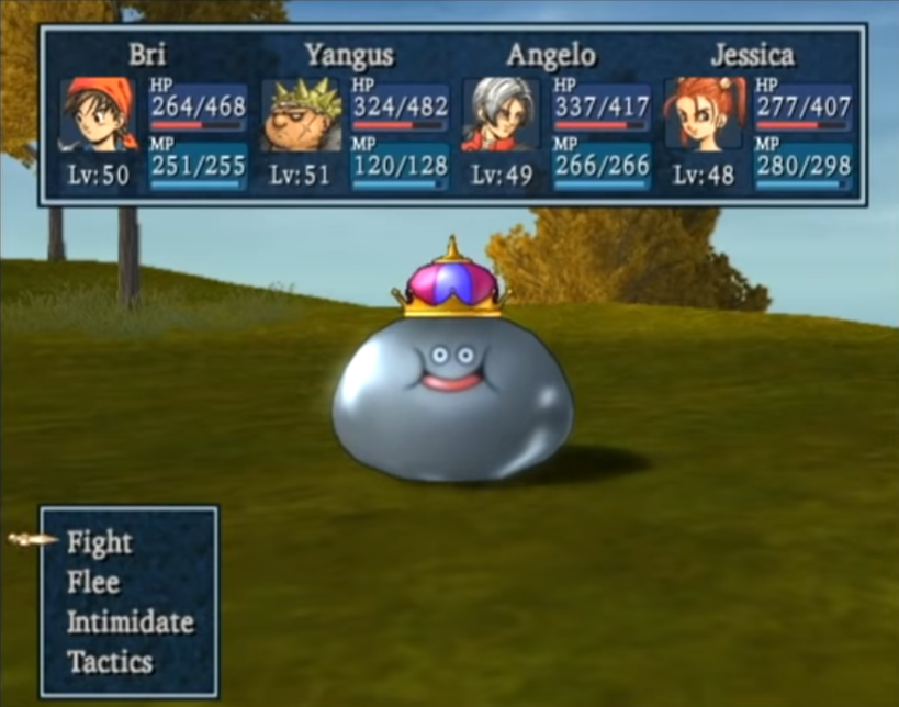 The hero, Yangus, Angelo, and Jessica fight a Metal Slime King via Dragon Quest VIII: Journey of the Cursed King (2004), Square Enix