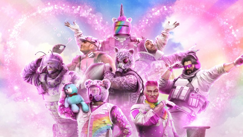 Montagne, Sledge, Thatcher, Tachanka, Smoke, Buck, Kaid, and Blackbeard pose in their Rainbow is Magic gear- surrounded by rainbows and pink sparkles via Tom Clancy's Rainbow Six: Siege (2015) Ubisoft