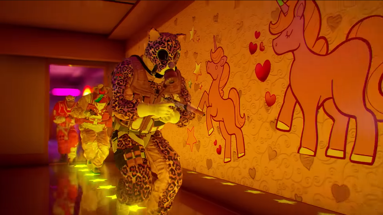 Smoke, Tachanka, and Sledge charge down a corridor with unicorn wallpaper, in equally pink and colorful attire in the Rainbow is Magic event via Tom Clancy's Rainbow Six: Siege (2015) Ubisoft