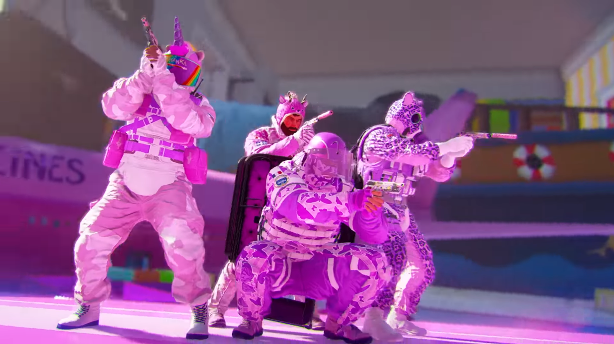 Tachanka, Buck, Montagne, and Smoke pose with pistols drawn outside the Presidential Plane map in the Rainbow is Magic event via Tom Clancy's Rainbow Six: Siege (2015) Ubisoft Montagne, Sledge, Thatcher, Smoke, Buck, Kaid, and Blackbeard pose in their Rainbow is Magic gear- surrounded by rainbows and pink sparkles via Tom Clancy's Rainbow Six: Siege (2015) Ubisoft