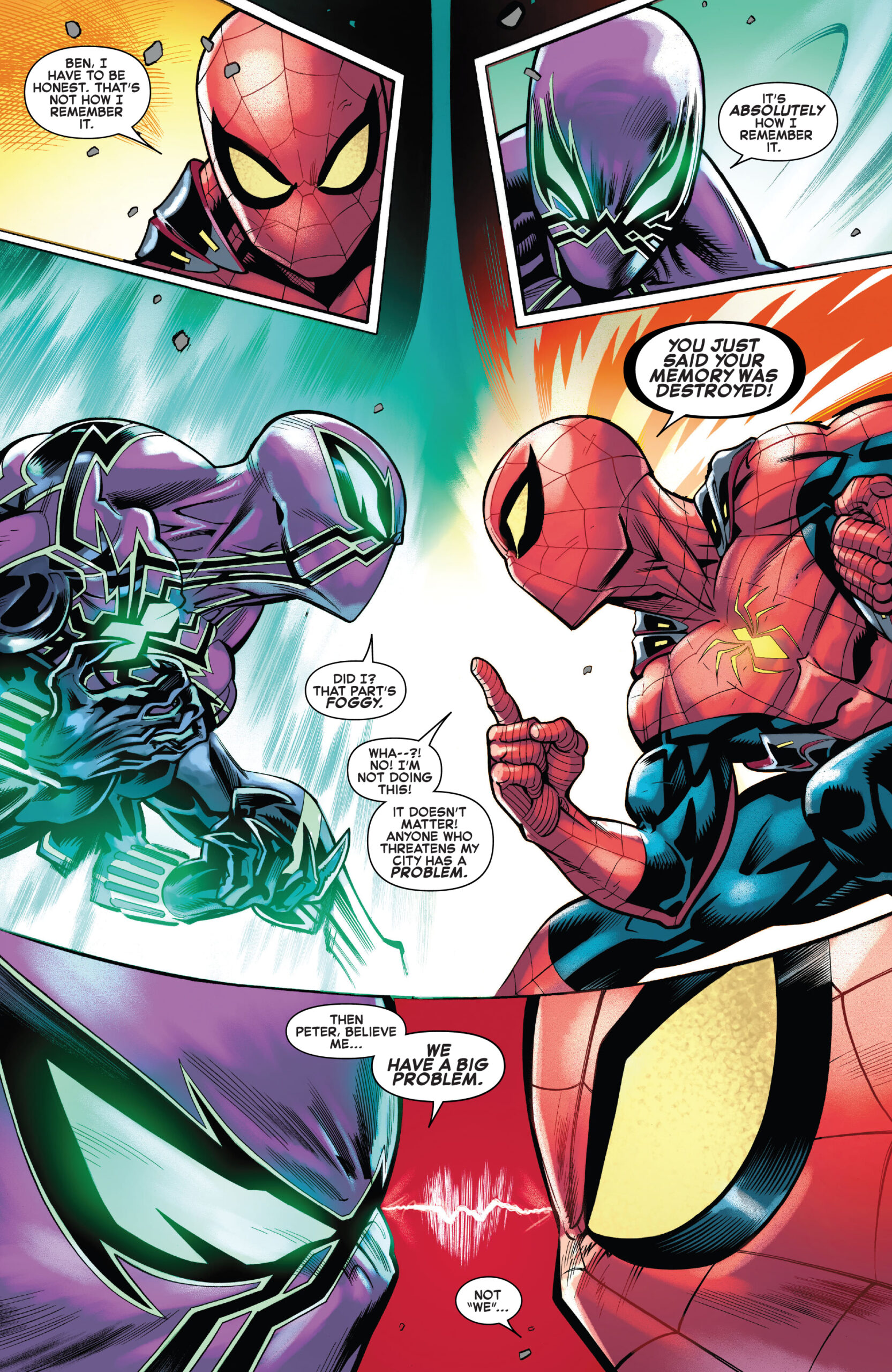 Peter Parker tries to make sense of Ben Reilly's shift to the dark side in Amazing Spider-Man Vol. 6 #16 "Spider-Man vs Chasm" (2022), Marvel Comics. Words by Zeb Wells, art by Ed McGuinness, Cliff Rathburn, Marcio Menyz, and Joe Caramagna.