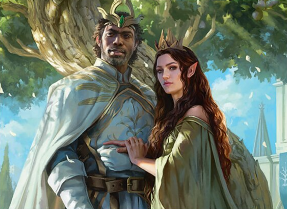 Aragorn gets race-swapped via Card #287, The Lord of the Rings: Tales of Middle-earth Set (2023), Wizards of the Coast, Art by Magali Villeneuve.