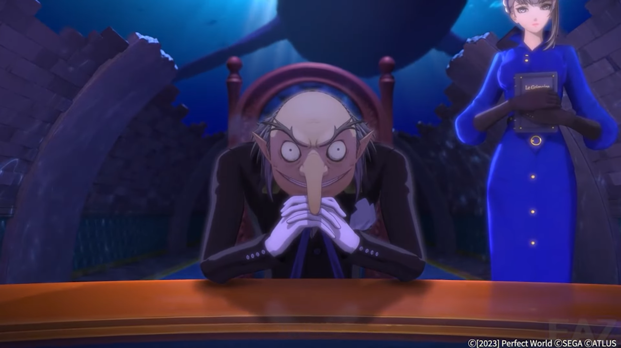 Igor sits in an aquatic-themed Velvet Room, attended by Merope via Persona 5: The Phantom X Reveal Trailer, Faz YouTube