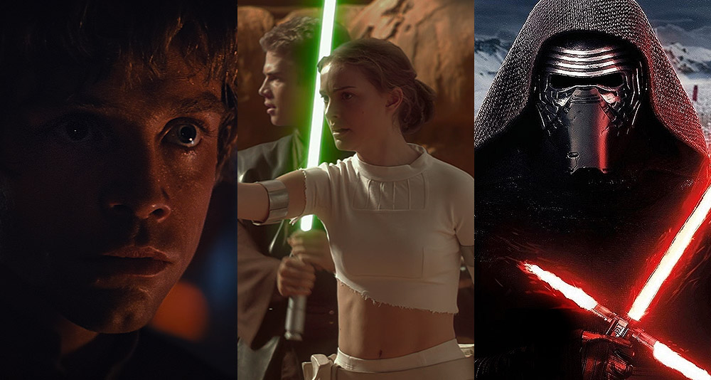 A collage of Luke Skywalker, Padmé Amidala and Anakin Skywalker, and Kylo Ren from 'Star Wars,' Disney+