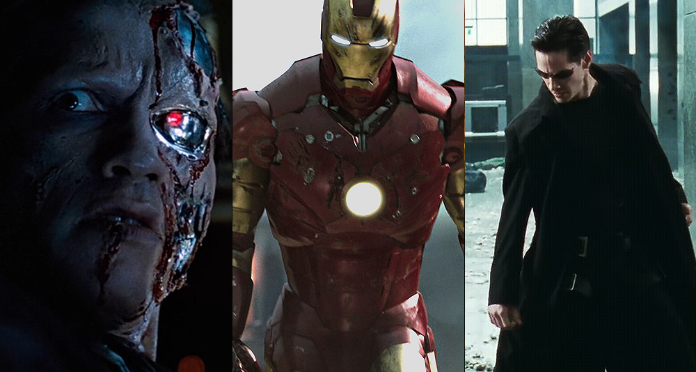 Split image of 'The Terminator,' 'Iron Man' and 'The Matrix'