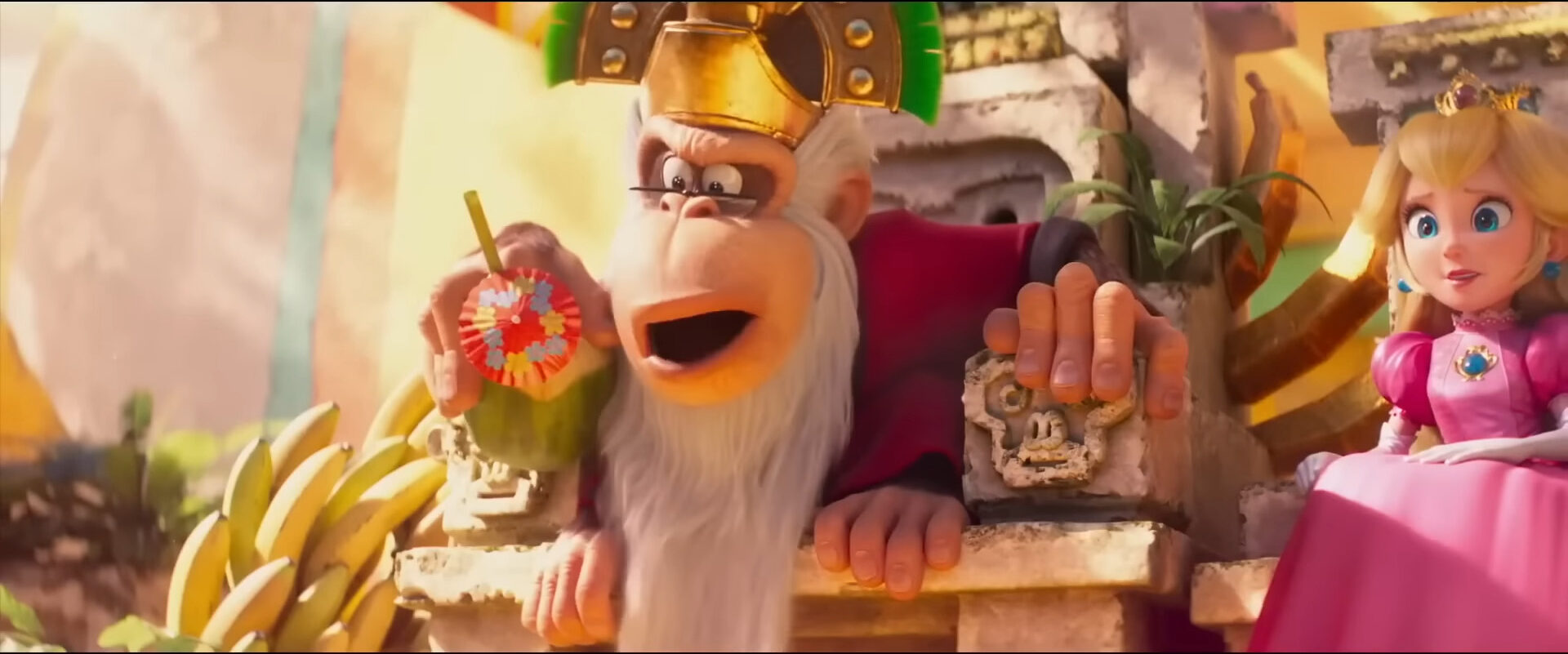Cranky Kong (Fred Armisen) tells Donkey Kong (Seth Rogen) to knock off his showboating in The Super Mario Bros. Movie (2023), Illumination Entertainment